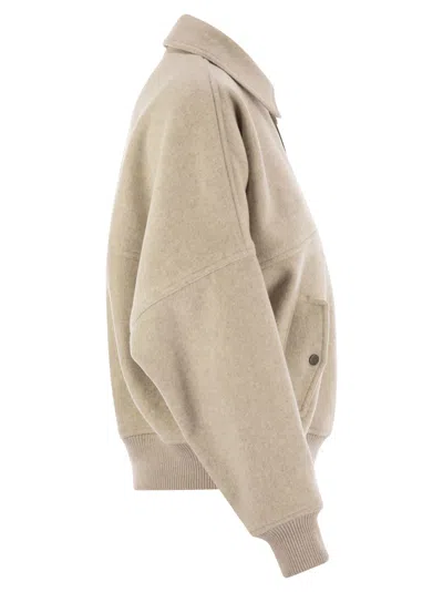Brunello Cucinelli Women Double Cashmere And Wool Cloth Bomber Jacket With Shiny Zipper Pull In White