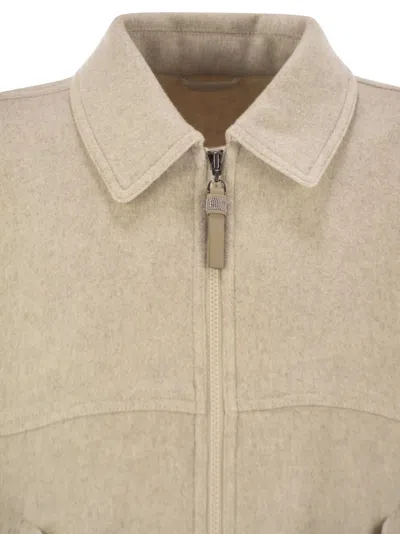 Brunello Cucinelli Women Double Cashmere And Wool Cloth Bomber Jacket With Shiny Zipper Pull In White
