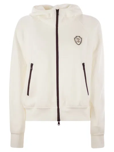 Brunello Cucinelli White Sweatshirt With Fixed Hood And Logo Patch On The Front In Cotton Blend Woman In White