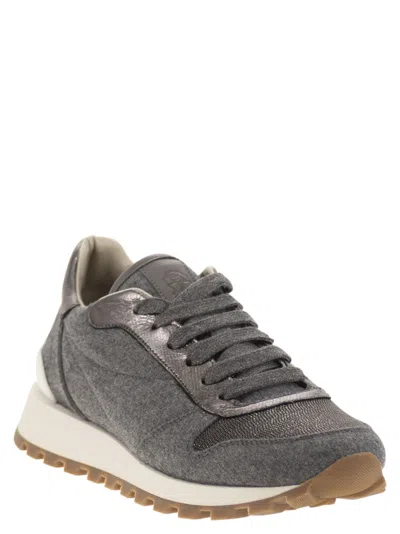 Brunello Cucinelli Runners In Techno Fabric And Calfskin With Precious Trim In Gray