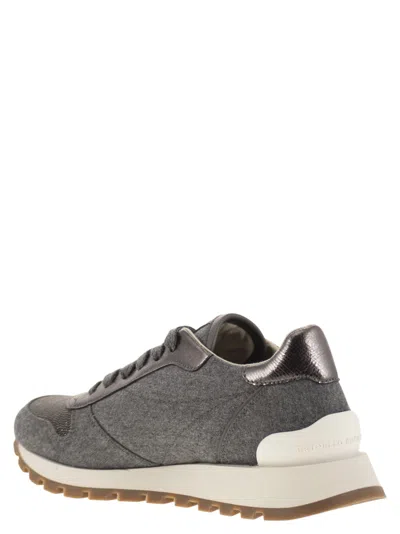Brunello Cucinelli Runners In Techno Fabric And Calfskin With Precious Trim In Gray