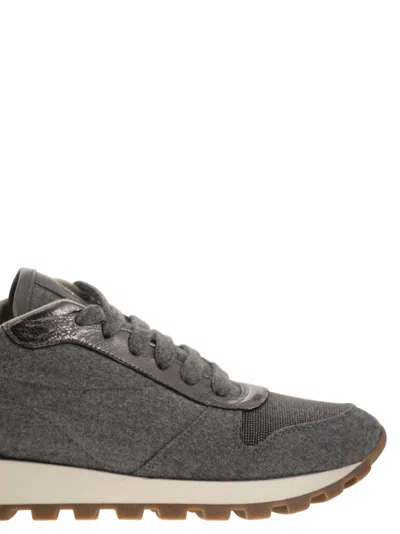 Brunello Cucinelli Runners In Techno Fabric And Calfskin With Precious Trim In Gray