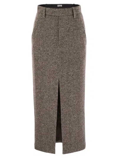 Brunello Cucinelli Wool And Silk Mélange Diagonal Sartorial Pencil Skirt With Monili In Brown