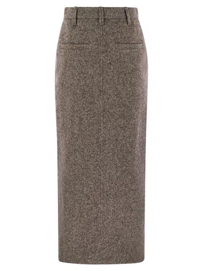 Brunello Cucinelli Wool And Silk Mélange Diagonal Sartorial Pencil Skirt With Monili In Brown