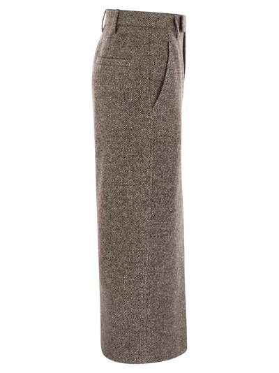 Brunello Cucinelli Wool And Silk Mélange Diagonal Sartorial Pencil Skirt With Monili In Brown