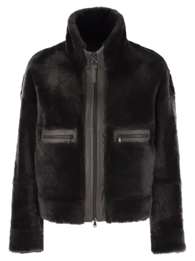 Brunello Cucinelli Grey Shearling Jacket With Two Front Welt Pockets With Zip In Black