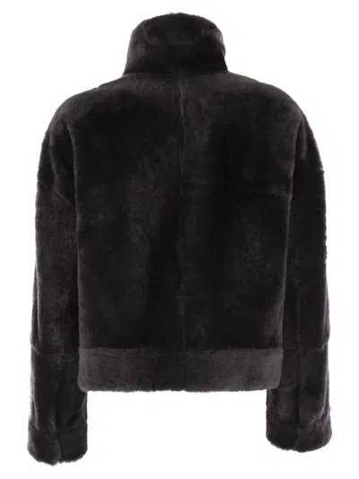 Brunello Cucinelli Grey Shearling Jacket With Two Front Welt Pockets With Zip In Black