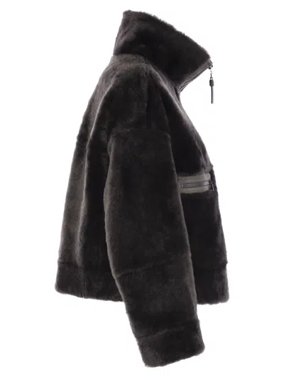Brunello Cucinelli Grey Shearling Jacket With Two Front Welt Pockets With Zip In Black