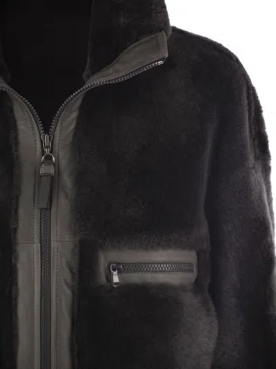 Brunello Cucinelli Grey Shearling Jacket With Two Front Welt Pockets With Zip In Black