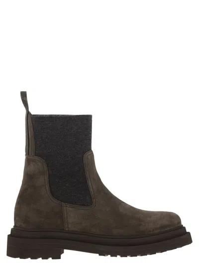 Brunello Cucinelli Women Suede Boot With Knitted Insert And Precious Loop Detail In Brown
