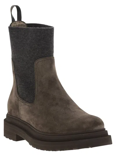 Brunello Cucinelli Women Suede Boot With Knitted Insert And Precious Loop Detail In Brown