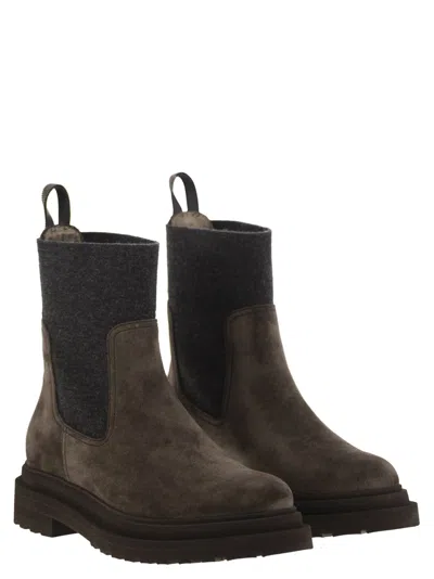 Brunello Cucinelli Women Suede Boot With Knitted Insert And Precious Loop Detail In Brown