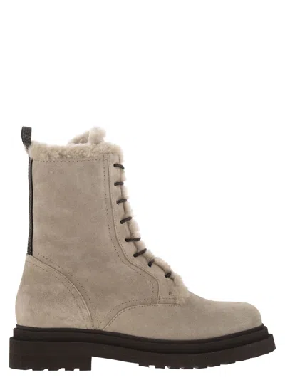 Brunello Cucinelli Suede Boot With Shearling Lining And Shiny Loop Detail In Neutral