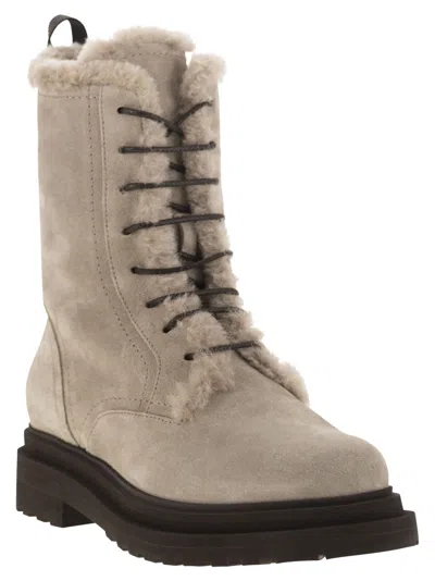 Brunello Cucinelli Suede Boot With Shearling Lining And Shiny Loop Detail In Neutral