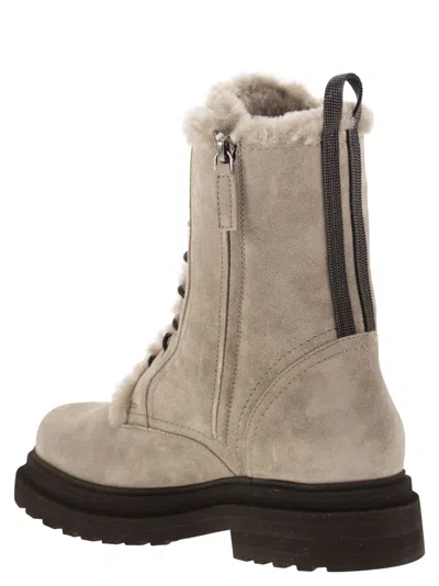 Brunello Cucinelli Suede Boot With Shearling Lining And Shiny Loop Detail In Neutral