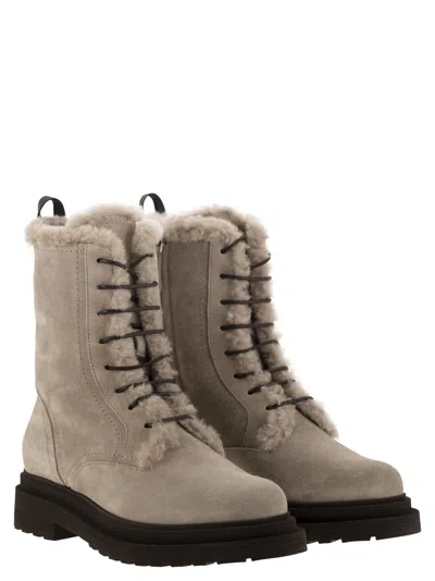 Brunello Cucinelli Suede Boot With Shearling Lining And Shiny Loop Detail In Neutral