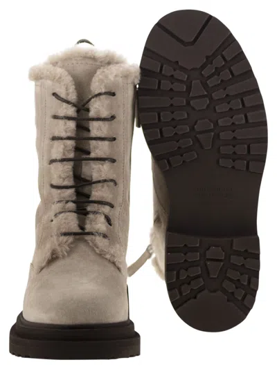 Brunello Cucinelli Suede Boot With Shearling Lining And Shiny Loop Detail In Neutral