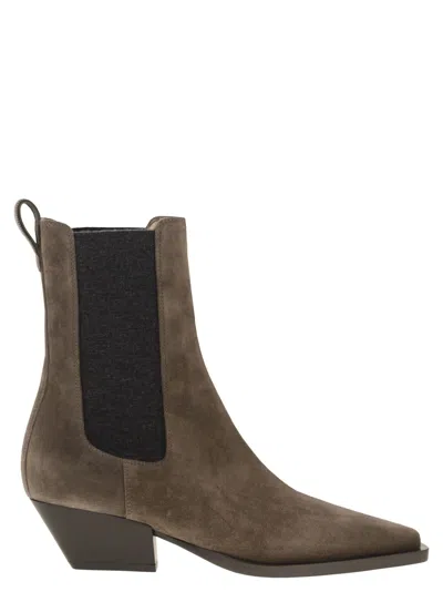 Brunello Cucinelli Brown Ankle Boots With Elastic Side Panel In Suede Woman In Brown