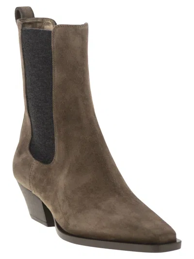 Brunello Cucinelli Brown Ankle Boots With Elastic Side Panel In Suede Woman In Brown