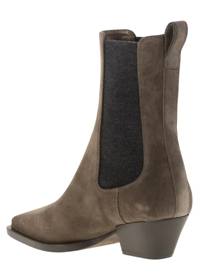 Brunello Cucinelli Brown Ankle Boots With Elastic Side Panel In Suede Woman In Brown