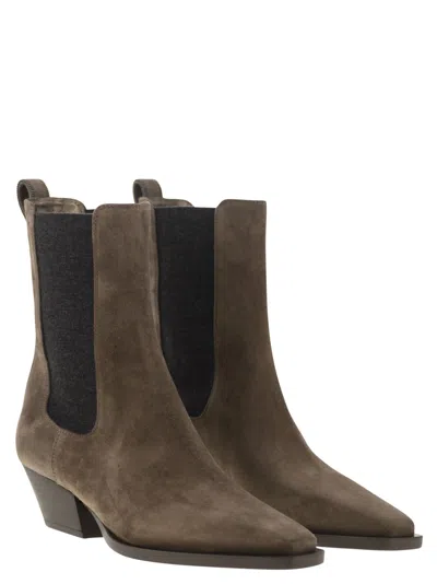 Brunello Cucinelli Brown Ankle Boots With Elastic Side Panel In Suede Woman In Brown