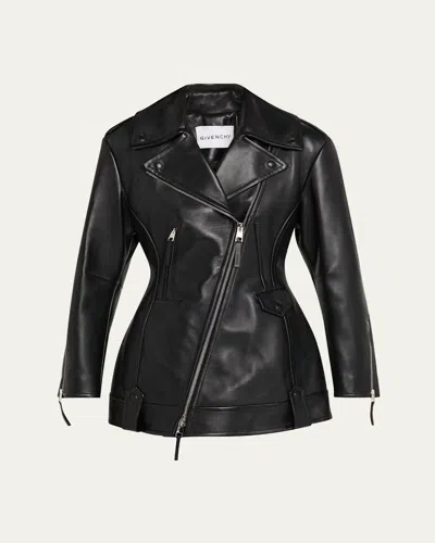Givenchy Leather Cocoon Waisted Biker Jacket In Black