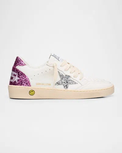 Golden Goose White Leather Ball Star Sneakers With Silver/pink Glitter