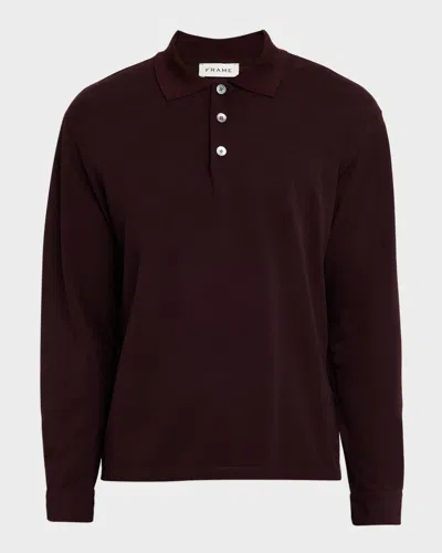 Frame Pique Regular Fit Long Sleeve Polo Shirt In Burgundy