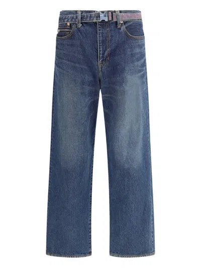 Sacai Belted Zip-pocket Jeans In Blue