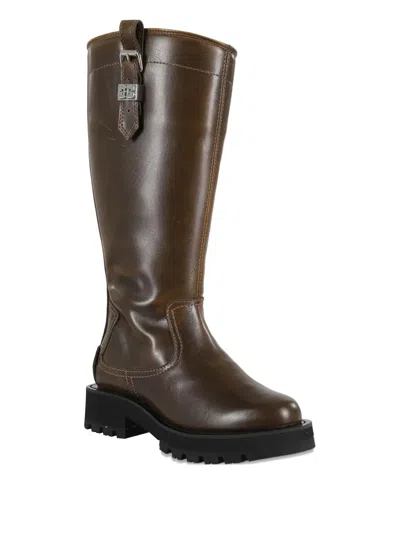 Ganni Studs High Boot Crinkle In Brown