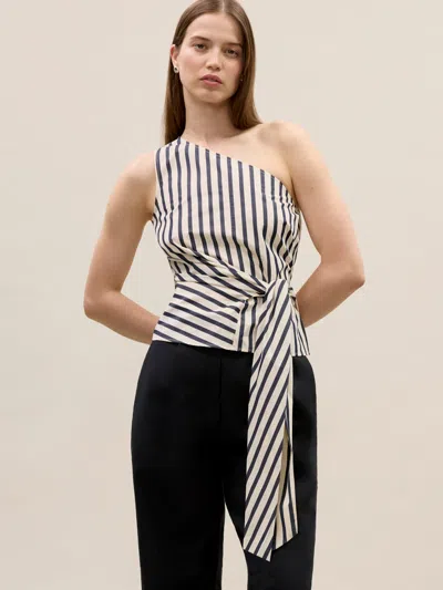 Rebecca Taylor Isla One Shoulder Poplin Top In Cream Stripe In Multi