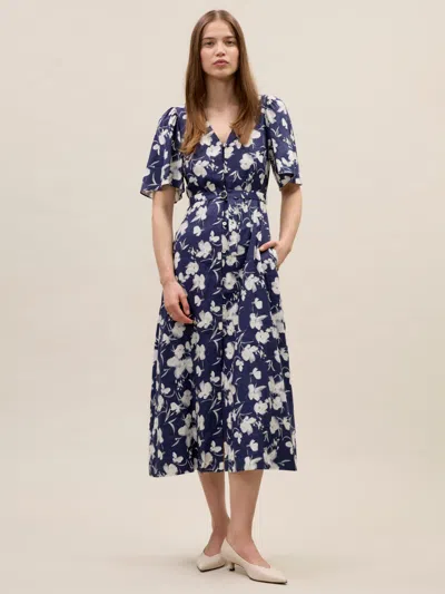 Rebecca Taylor Bea Linen Midi Dress In Navy Combo In Blue