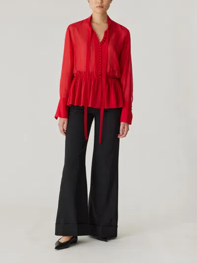 Rebecca Taylor Covered Button Tie Blouse In Red Lip In Multi