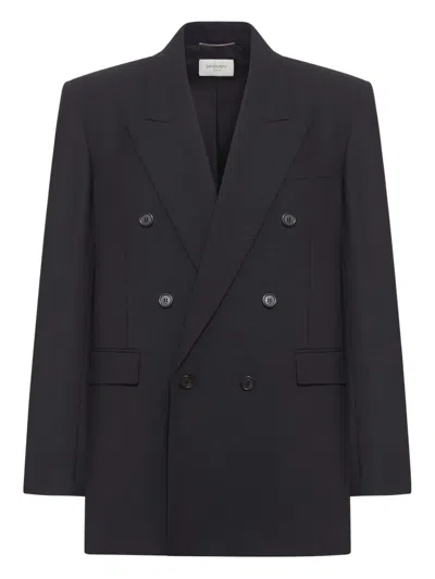 Saint Laurent Double-breasted Blazer In Silk Satin Crepon In Black