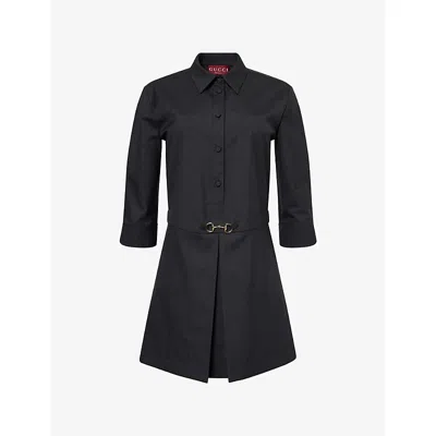 Gucci Womens Horsebit Long-sleeves Wool Mini Dress Ardesia Grey In Black