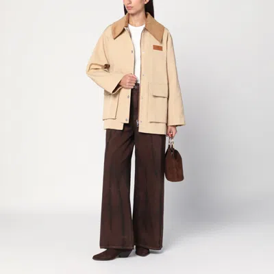 Ganni Womens Oversized-collar Brand-patch Woven Jacket Pale Khaki In Brown