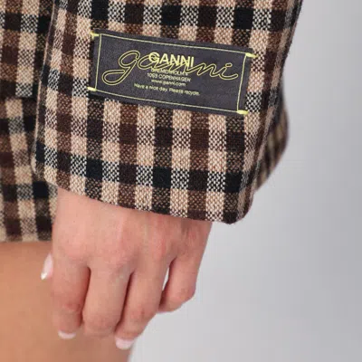 Ganni Checked Single-breasted Wool Blazer In Brown