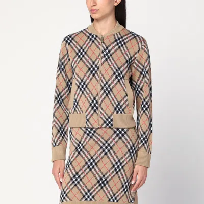 Burberry Check Wool Zip-up Cardigan In Sand