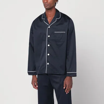 Tekla Navy Sateen Long-sleeved Pyjama Shirt In Blue