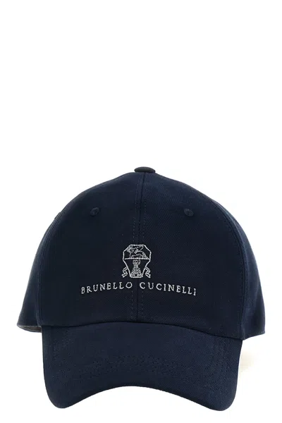 Brunello Cucinelli Men Baseball Cap In Garment-dyed Twisted Cotton Gabardine With Embroidered Logo In Blue