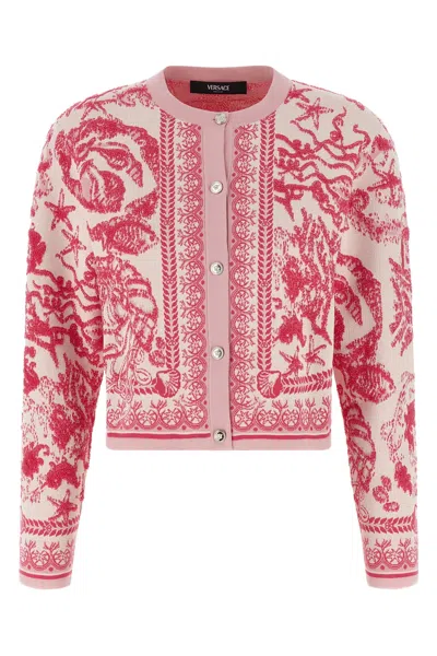 Versace Baroque Subaquatique Patterned Crew Neck Cardigan In Pink