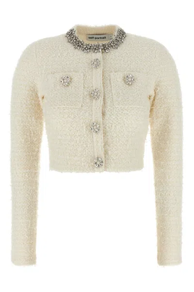 Self-portrait White Crewneck Cropped Cardigan With Crystal Embellishments On The Collar In Cotton Blend Woman In Neutral