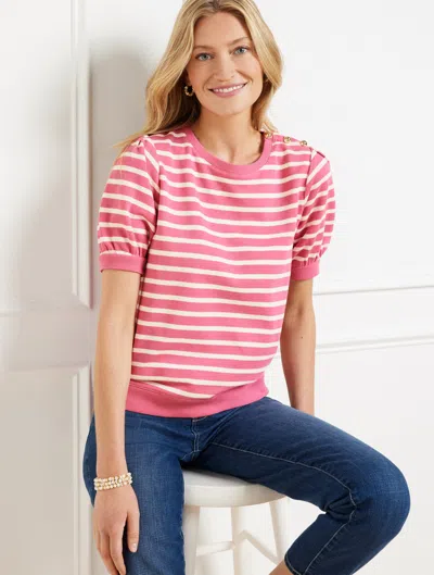 Talbots Plus Petite - Button Shoulder Crewneck Sweatshirt - Stripe - Petunia Pink/ivory - 2x - 100% Cotton T