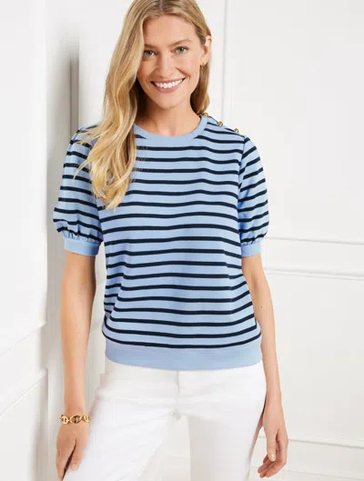 Talbots Plus Petite - Button Shoulder Crewneck Sweatshirt - Stripe - Blue Crystal/indigo - 2x - 100% Cotton 