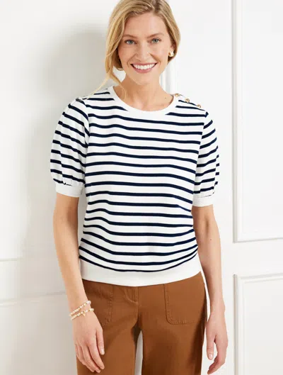 Talbots Plus Petite - Button Shoulder Crewneck Sweatshirt - Stripe - White/indigo - X - 100% Cotton  In Multi