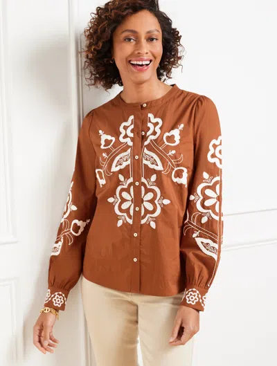 Talbots Plus Petite - Embroidered Poplin Top - Acorn Brown - 1x - 100% Cotton  In Brown