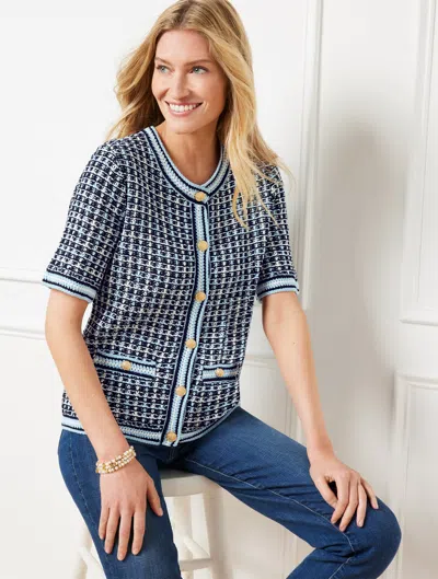 Talbots Plus Petite - Short Sleeve Cardigan Sweater - Texture Plaid - Indigo/ivory - 2x