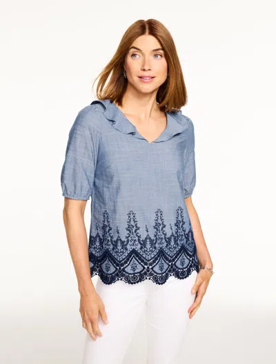 Talbots Plus Size - Embroidered Lace Top - Deep Chambray - X - 100% Cotton