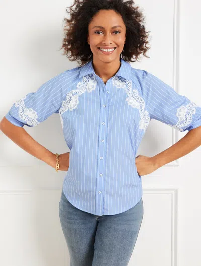 Talbots Petite - Lace Trim Poplin Shirt - Crisp Stripe - Blue/white - Large  In Multi