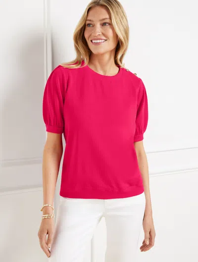 Talbots Plus Petite - Button Shoulder Crewneck Sweatshirt - Bright Rose - 2x - 100% Cotton  In Pink